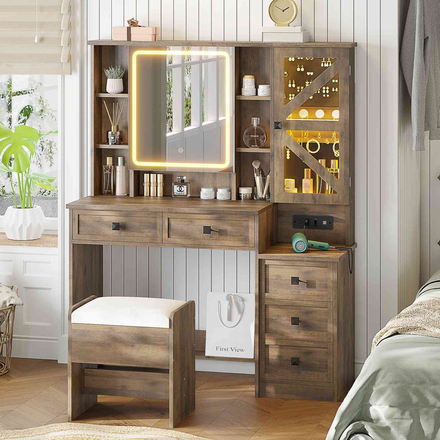 AOGLLATI Farmhouse Vanity Desk with Mirror and Lights Makeup Vanity Set with 5 Drawers and Charging Station for Bedroom
