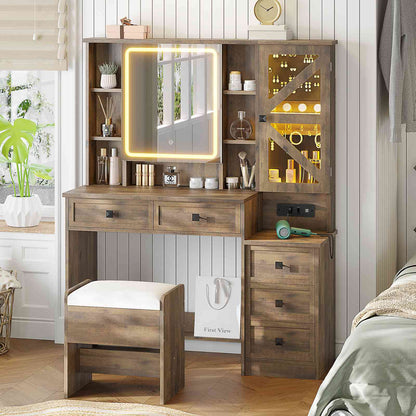 AOGLLATI Farmhouse Vanity Desk with Mirror and Lights Makeup Vanity Set with 5 Drawers and Charging Station for Bedroom