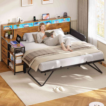 AOGLLATI Daybed with Pop Up Trundle and 3 Storage Drawers Farmhouse Corner Bed Frame with Charging Station LED Lights