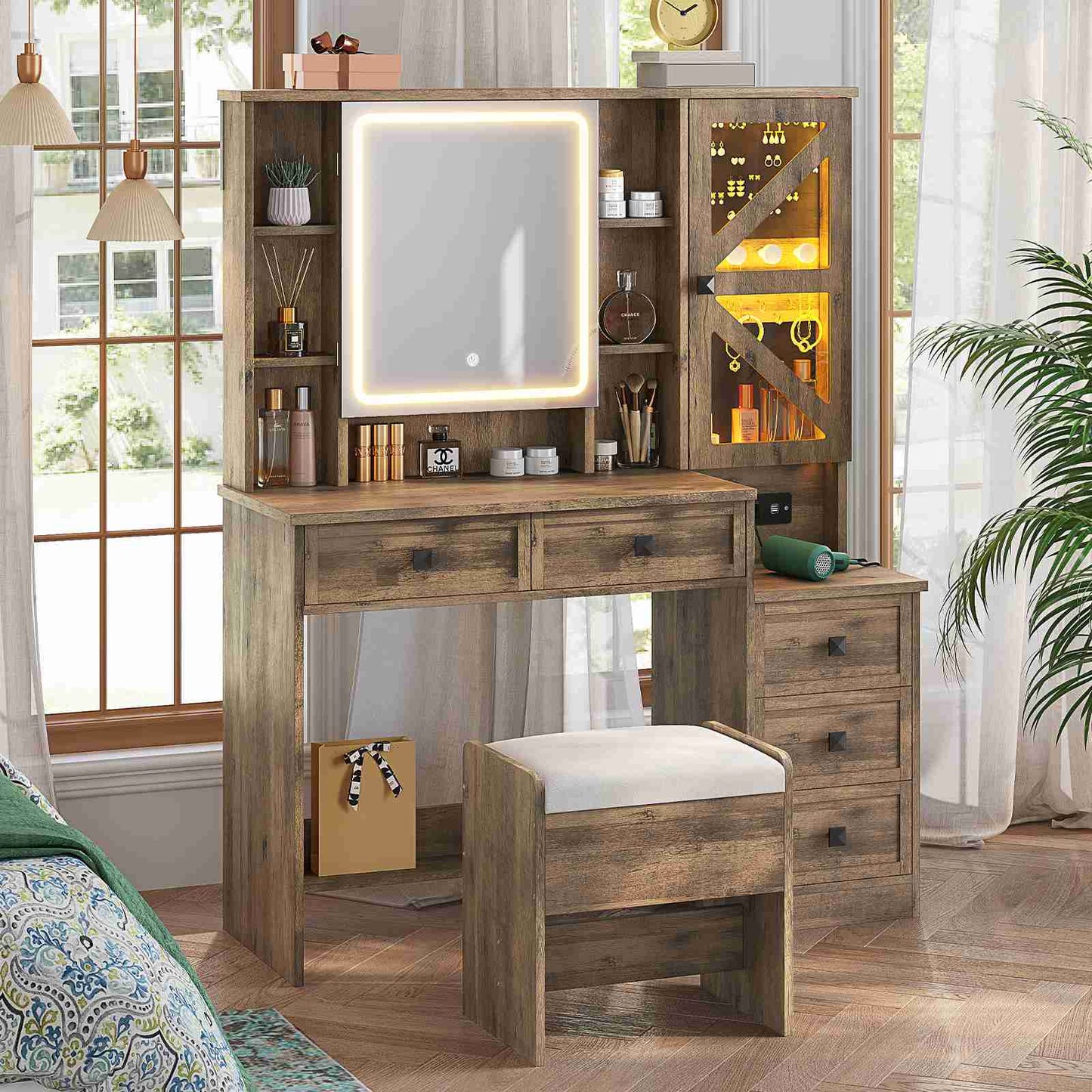 AOGLLATI Farmhouse Vanity Desk with Mirror and Lights Makeup Vanity Set with 5 Drawers and Charging Station for Bedroom