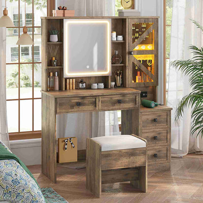 AOGLLATI Farmhouse Vanity Desk with Mirror and Lights Makeup Vanity Set with 5 Drawers and Charging Station for Bedroom