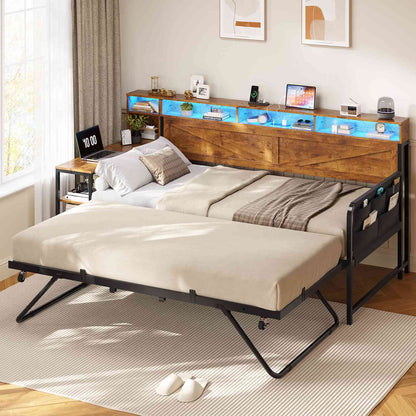 AOGLLATI Daybed with Pop Up Trundle and 3 Storage Drawers Farmhouse Corner Bed Frame with Charging Station LED Lights