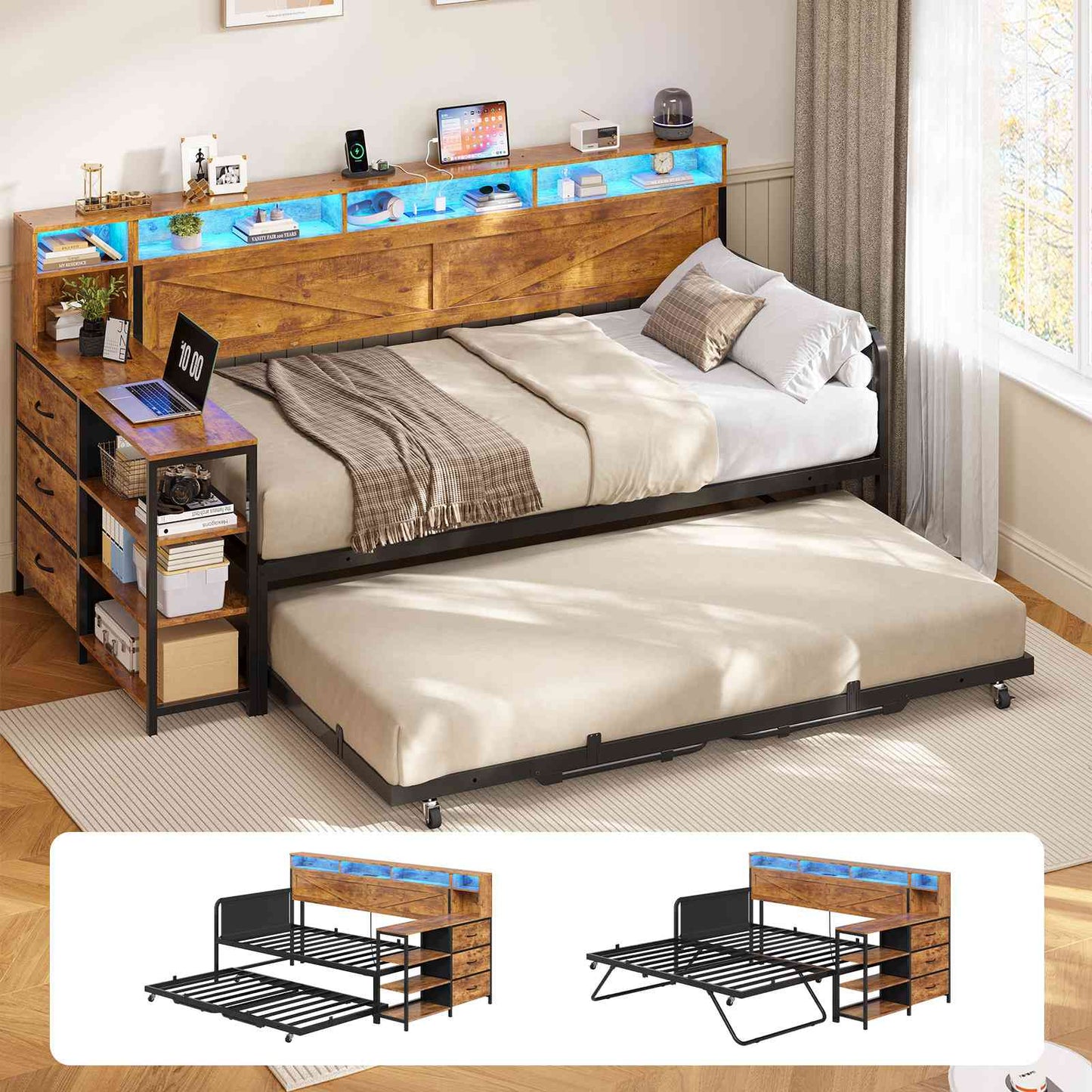 AOGLLATI Daybed with Pop Up Trundle and 3 Storage Drawers Farmhouse Corner Bed Frame with Charging Station LED Lights