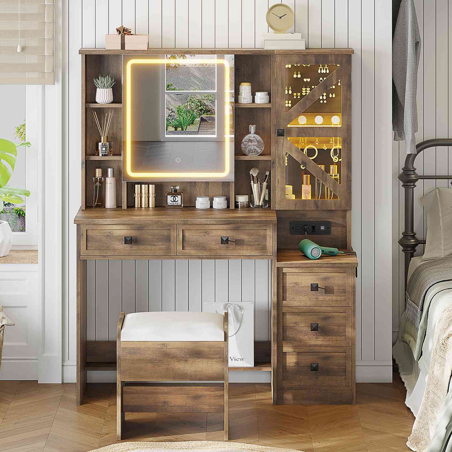 AOGLLATI Farmhouse Vanity Desk with Mirror and Lights Makeup Vanity Set with 5 Drawers and Charging Station for Bedroom