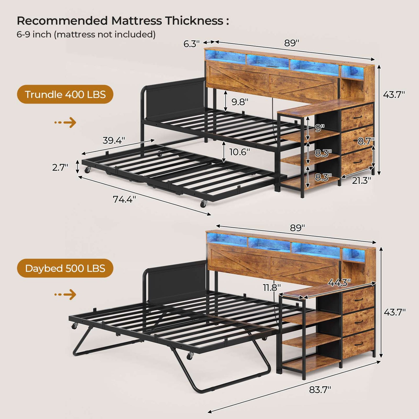 AOGLLATI Daybed with Pop Up Trundle and 3 Storage Drawers Farmhouse Corner Bed Frame with Charging Station LED Lights