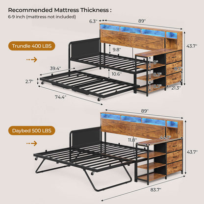 AOGLLATI Daybed with Pop Up Trundle and 3 Storage Drawers Farmhouse Corner Bed Frame with Charging Station LED Lights