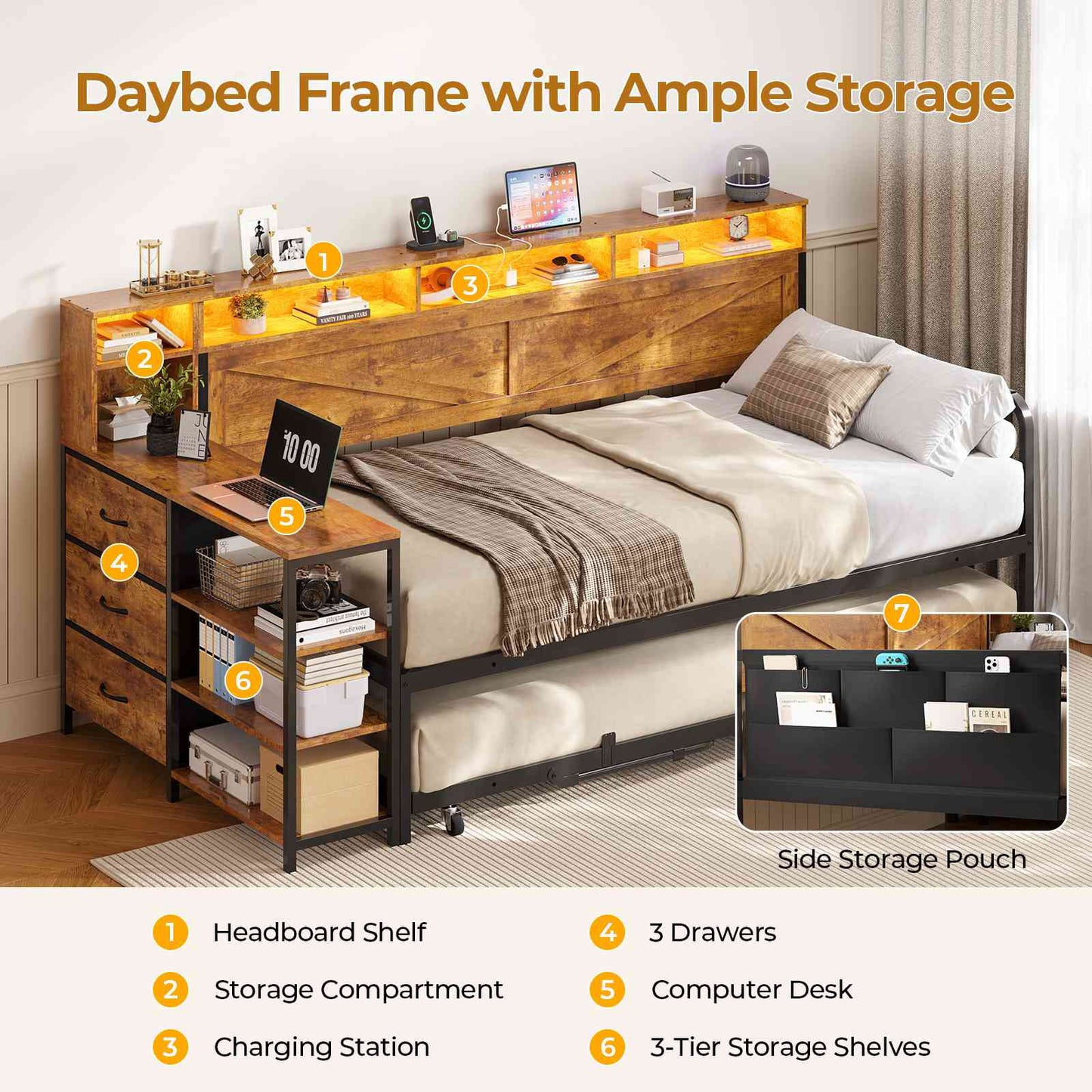 AOGLLATI Daybed with Pop Up Trundle and 3 Storage Drawers Farmhouse Corner Bed Frame with Charging Station LED Lights