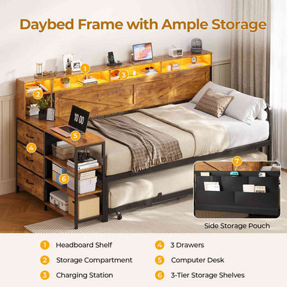 AOGLLATI Daybed with Pop Up Trundle and 3 Storage Drawers Farmhouse Corner Bed Frame with Charging Station LED Lights