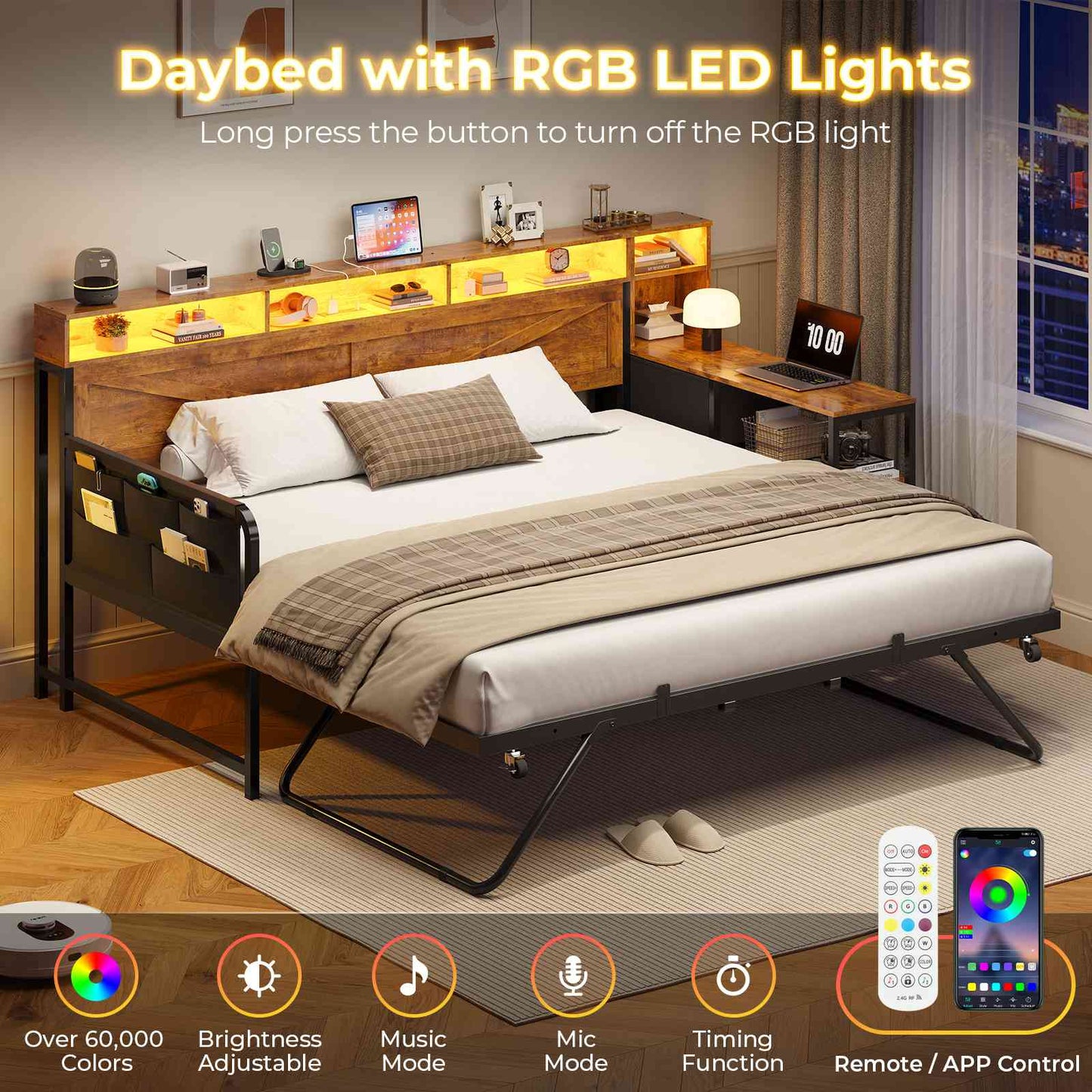 AOGLLATI Daybed with Pop Up Trundle and 3 Storage Drawers Farmhouse Corner Bed Frame with Charging Station LED Lights