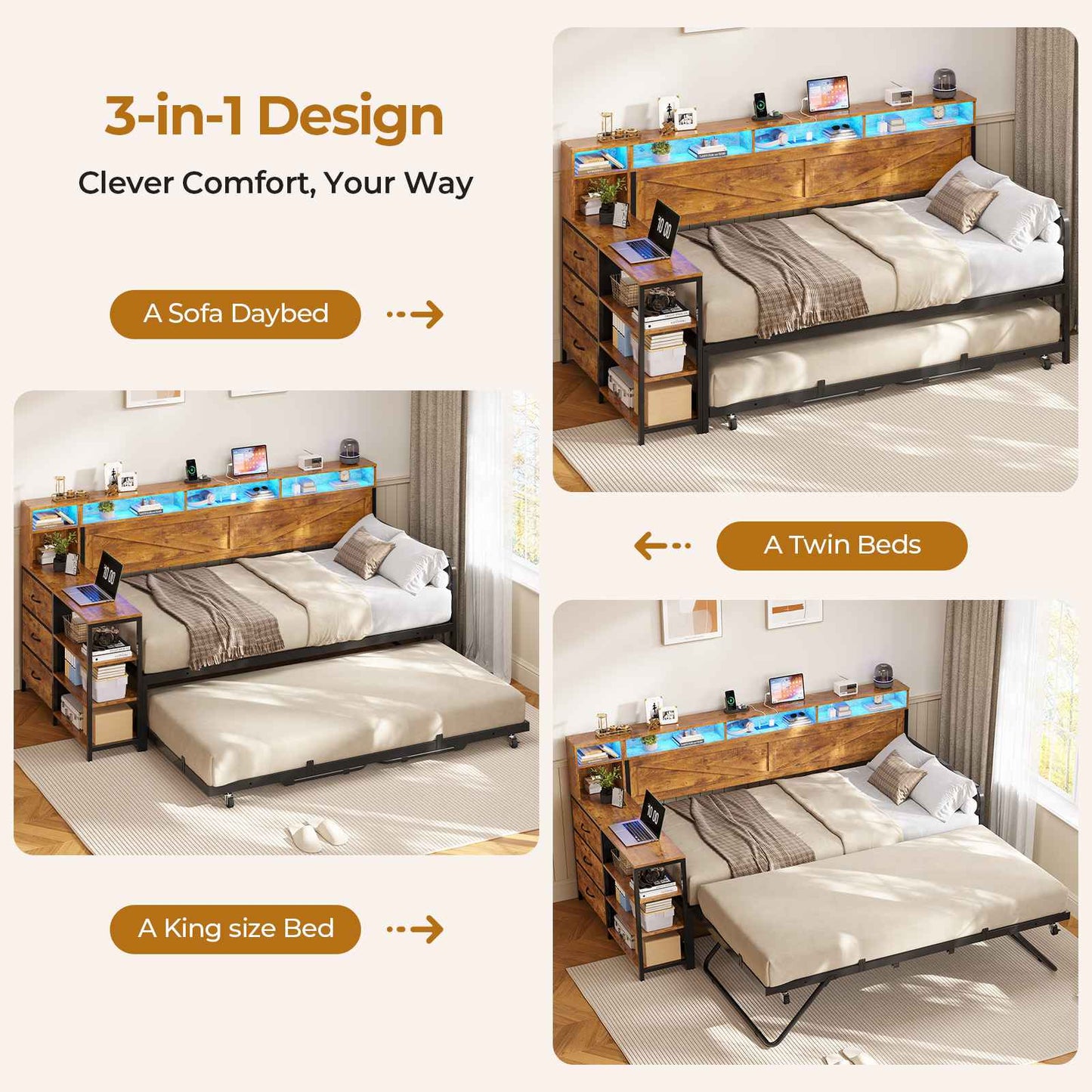 AOGLLATI Daybed with Pop Up Trundle and 3 Storage Drawers Farmhouse Corner Bed Frame with Charging Station LED Lights