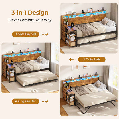 AOGLLATI Daybed with Pop Up Trundle and 3 Storage Drawers Farmhouse Corner Bed Frame with Charging Station LED Lights