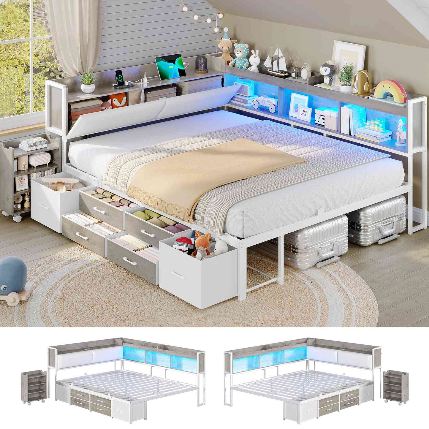 AOGLLATI Full Corner Bed Frame with Bookcase and Hidden Storage Daybed with Charging Station and Led Lights for Kids Teens