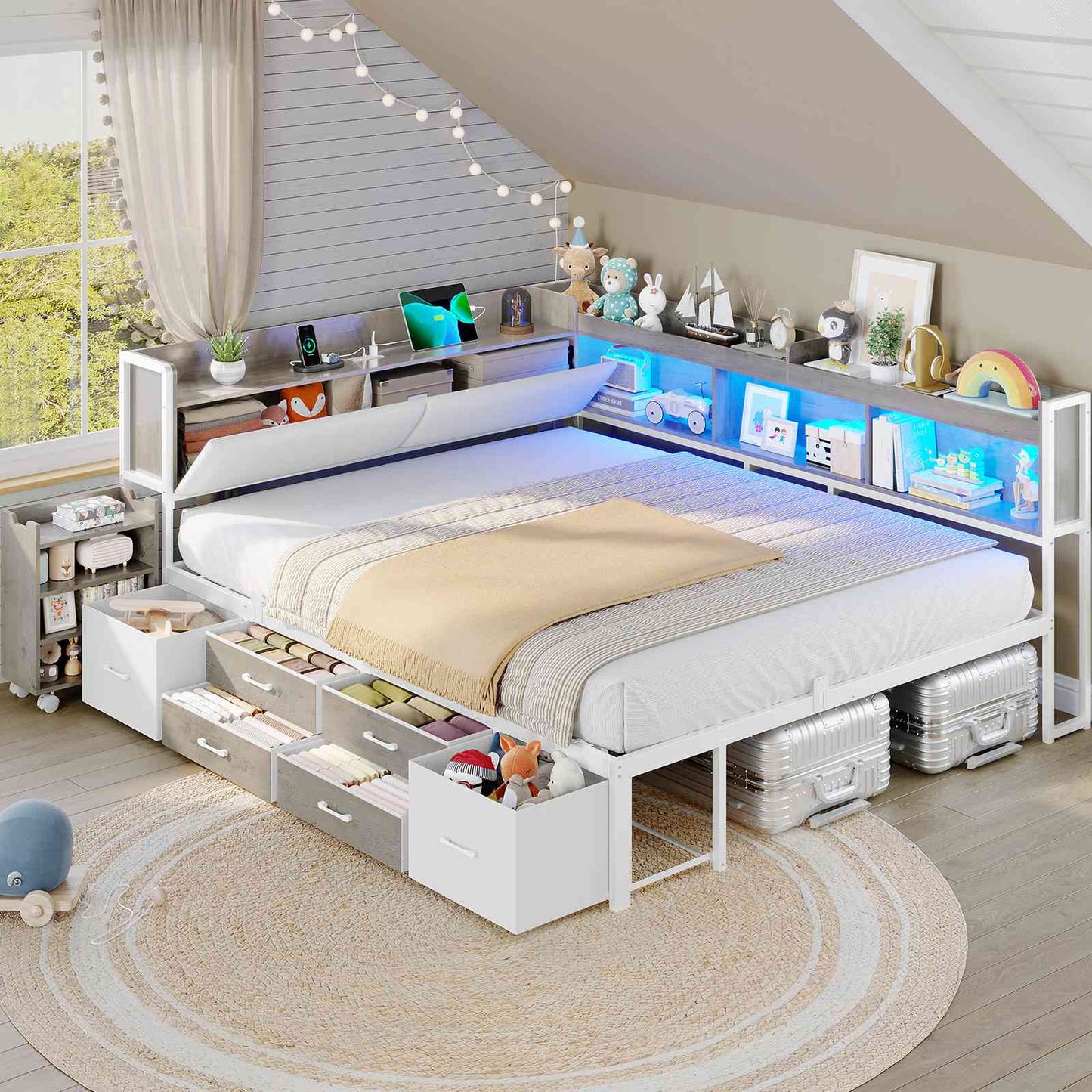 AOGLLATI Full Corner Bed Frame with Bookcase and Hidden Storage Daybed with Charging Station and Led Lights for Kids Teens