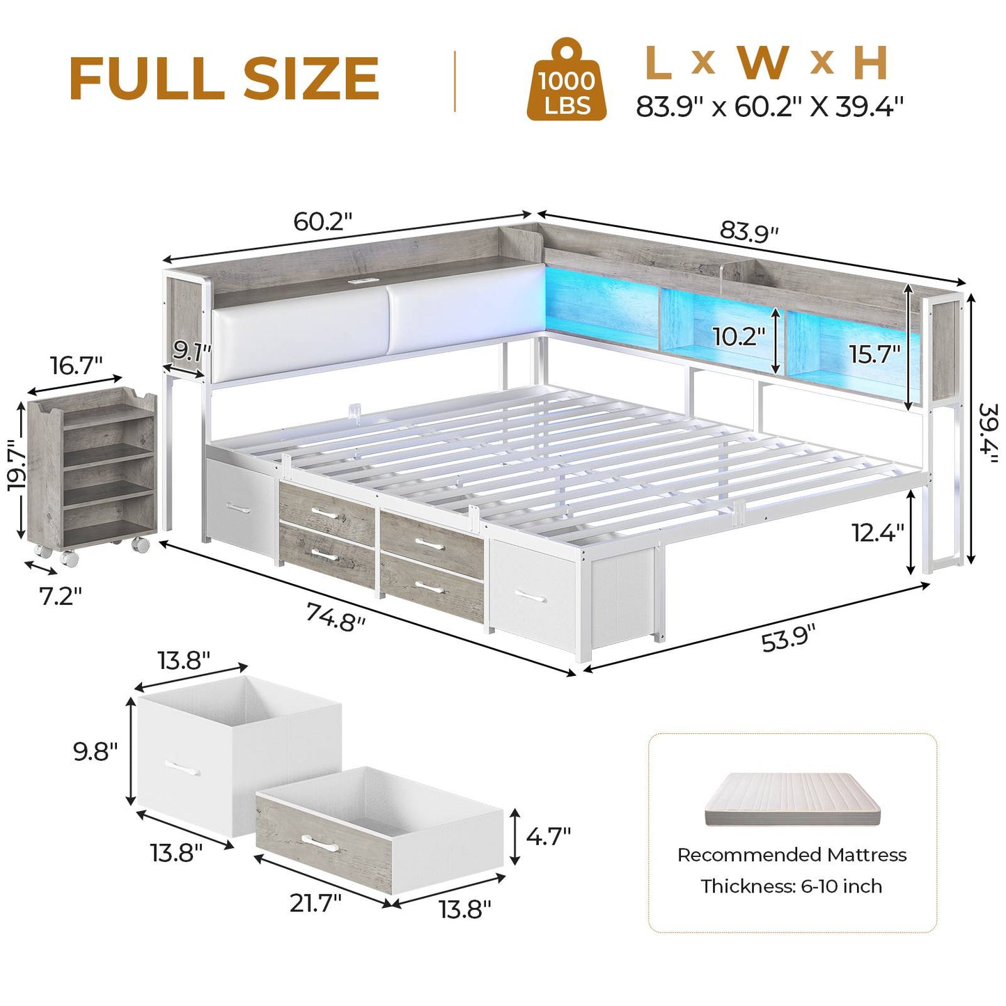 AOGLLATI Full Corner Bed Frame with Bookcase and Hidden Storage Daybed with Charging Station and Led Lights for Kids Teens