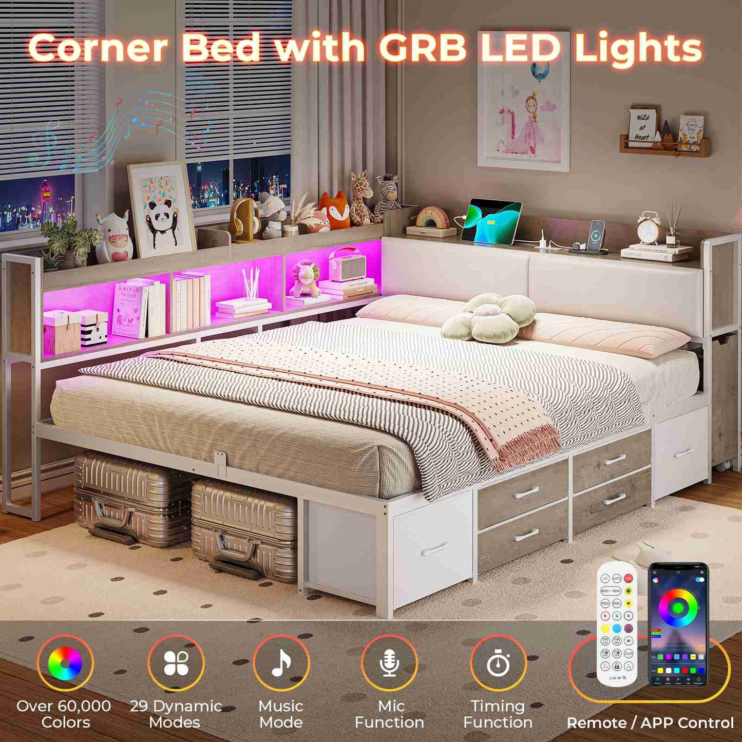 AOGLLATI Full Corner Bed Frame with Bookcase and Hidden Storage Daybed with Charging Station and Led Lights for Kids Teens