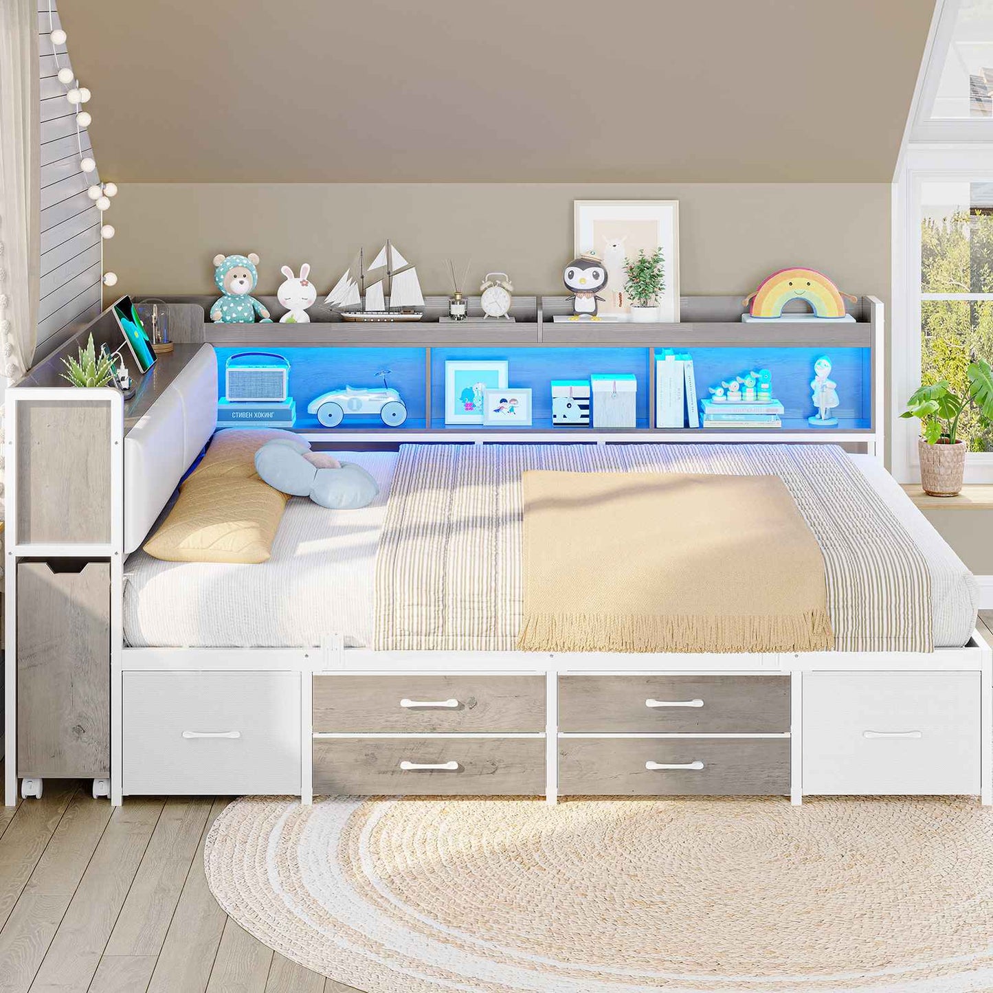 AOGLLATI Full Corner Bed Frame with Bookcase and Hidden Storage Daybed with Charging Station and Led Lights for Kids Teens