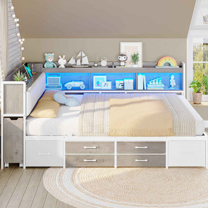 AOGLLATI Full Corner Bed Frame with Bookcase and Hidden Storage Daybed with Charging Station and Led Lights for Kids Teens