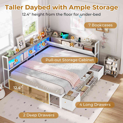 AOGLLATI Full Corner Bed Frame with Bookcase and Hidden Storage Daybed with Charging Station and Led Lights for Kids Teens
