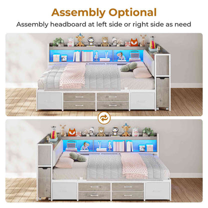 AOGLLATI Full Corner Bed Frame with Bookcase and Hidden Storage Daybed with Charging Station and Led Lights for Kids Teens