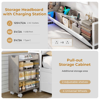 AOGLLATI Full Corner Bed Frame with Bookcase and Hidden Storage Daybed with Charging Station and Led Lights for Kids Teens
