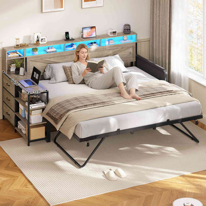 AOGLLATI Daybed with Pop Up Trundle and 3 Storage Drawers Farmhouse Corner Bed Frame with Charging Station LED Lights