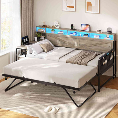AOGLLATI Daybed with Pop Up Trundle and 3 Storage Drawers Farmhouse Corner Bed Frame with Charging Station LED Lights