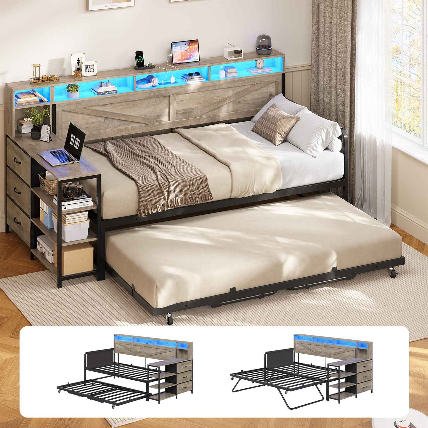 AOGLLATI Daybed with Pop Up Trundle and 3 Storage Drawers Farmhouse Corner Bed Frame with Charging Station LED Lights