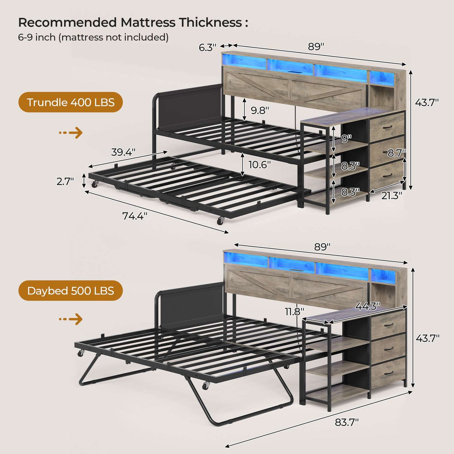 AOGLLATI Daybed with Pop Up Trundle and 3 Storage Drawers Farmhouse Corner Bed Frame with Charging Station LED Lights