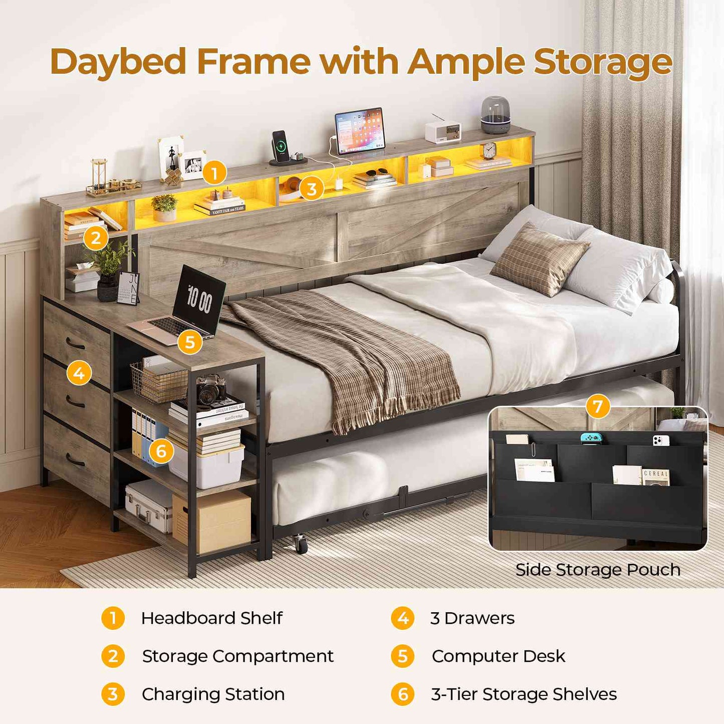 AOGLLATI Daybed with Pop Up Trundle and 3 Storage Drawers Farmhouse Corner Bed Frame with Charging Station LED Lights