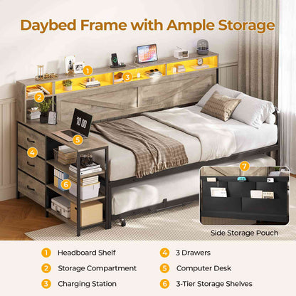 AOGLLATI Daybed with Pop Up Trundle and 3 Storage Drawers Farmhouse Corner Bed Frame with Charging Station LED Lights