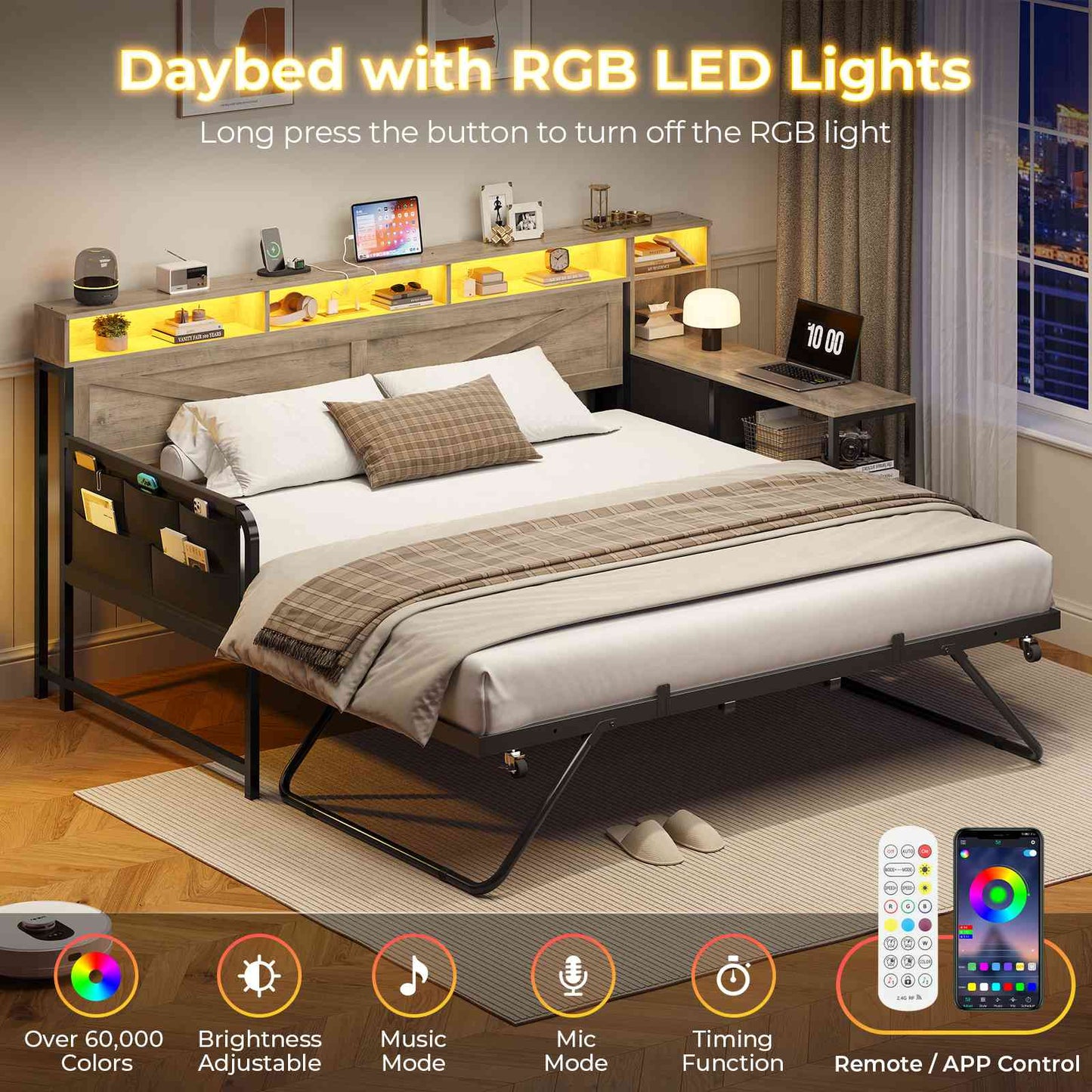 AOGLLATI Daybed with Pop Up Trundle and 3 Storage Drawers Farmhouse Corner Bed Frame with Charging Station LED Lights