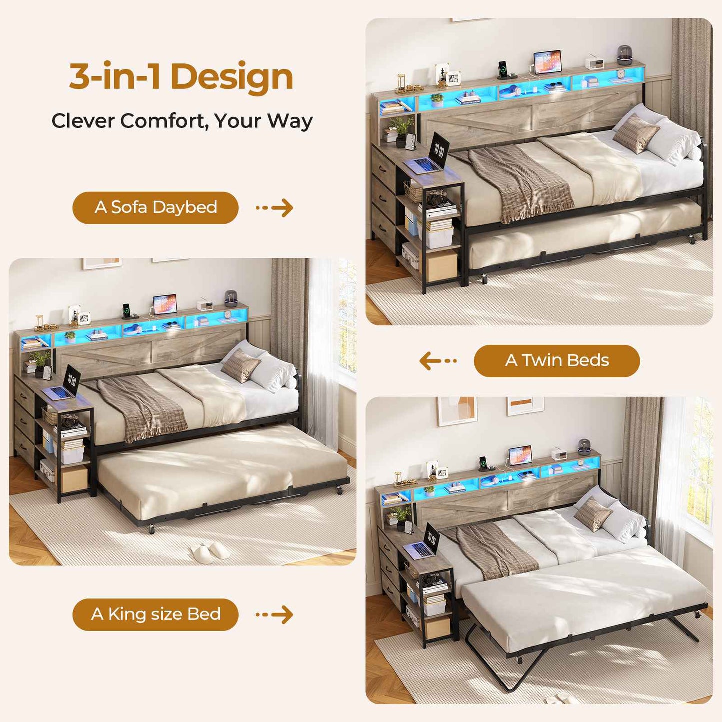 AOGLLATI Daybed with Pop Up Trundle and 3 Storage Drawers Farmhouse Corner Bed Frame with Charging Station LED Lights