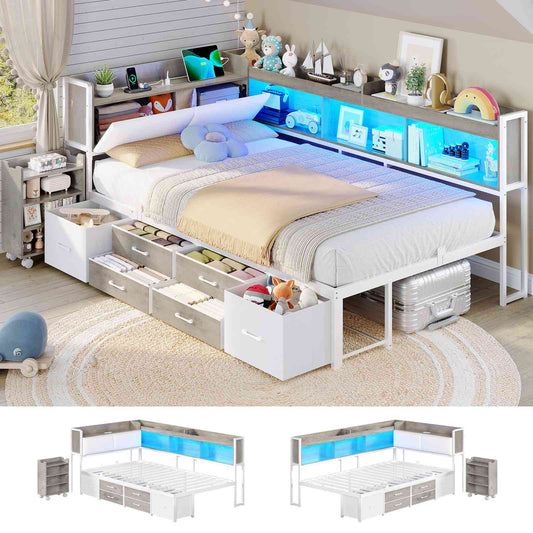 AOGLLATI Twin Corner Bed Frame with Bookcase and Hidden Storage Daybed with Charging Station and Led Lights for Kids Teens