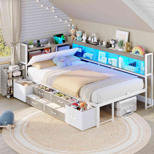 AOGLLATI Twin Corner Bed Frame with Bookcase and Hidden Storage Daybed with Charging Station and Led Lights for Kids Teens