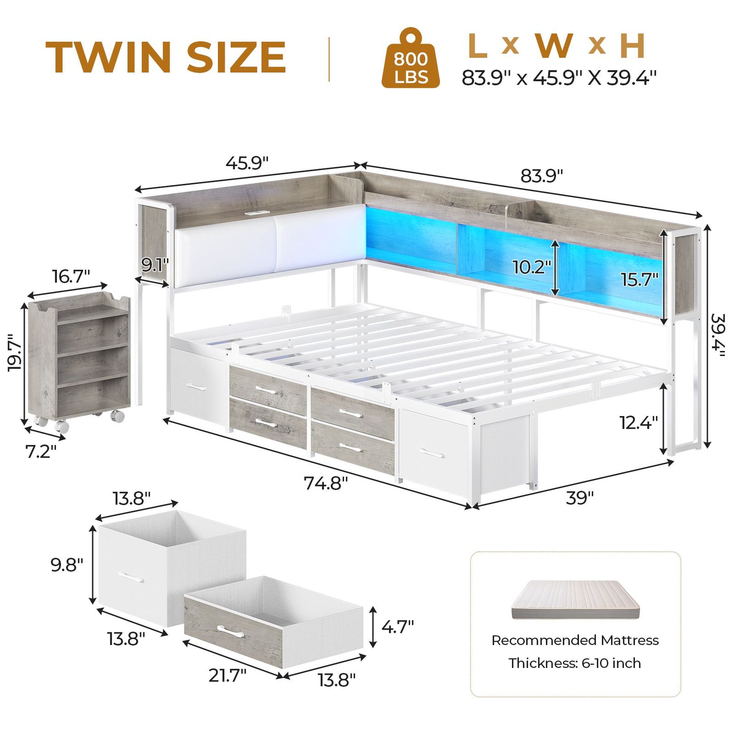 AOGLLATI Twin Corner Bed Frame with Bookcase and Hidden Storage Daybed with Charging Station and Led Lights for Kids Teens
