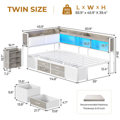 AOGLLATI Twin Corner Bed Frame with Bookcase and Hidden Storage Daybed with Charging Station and Led Lights for Kids Teens