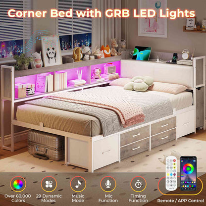 AOGLLATI Twin Corner Bed Frame with Bookcase and Hidden Storage Daybed with Charging Station and Led Lights for Kids Teens