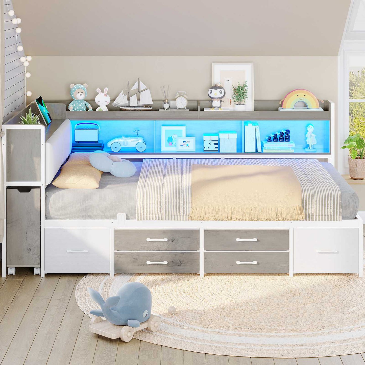 AOGLLATI Twin Corner Bed Frame with Bookcase and Hidden Storage Daybed with Charging Station and Led Lights for Kids Teens