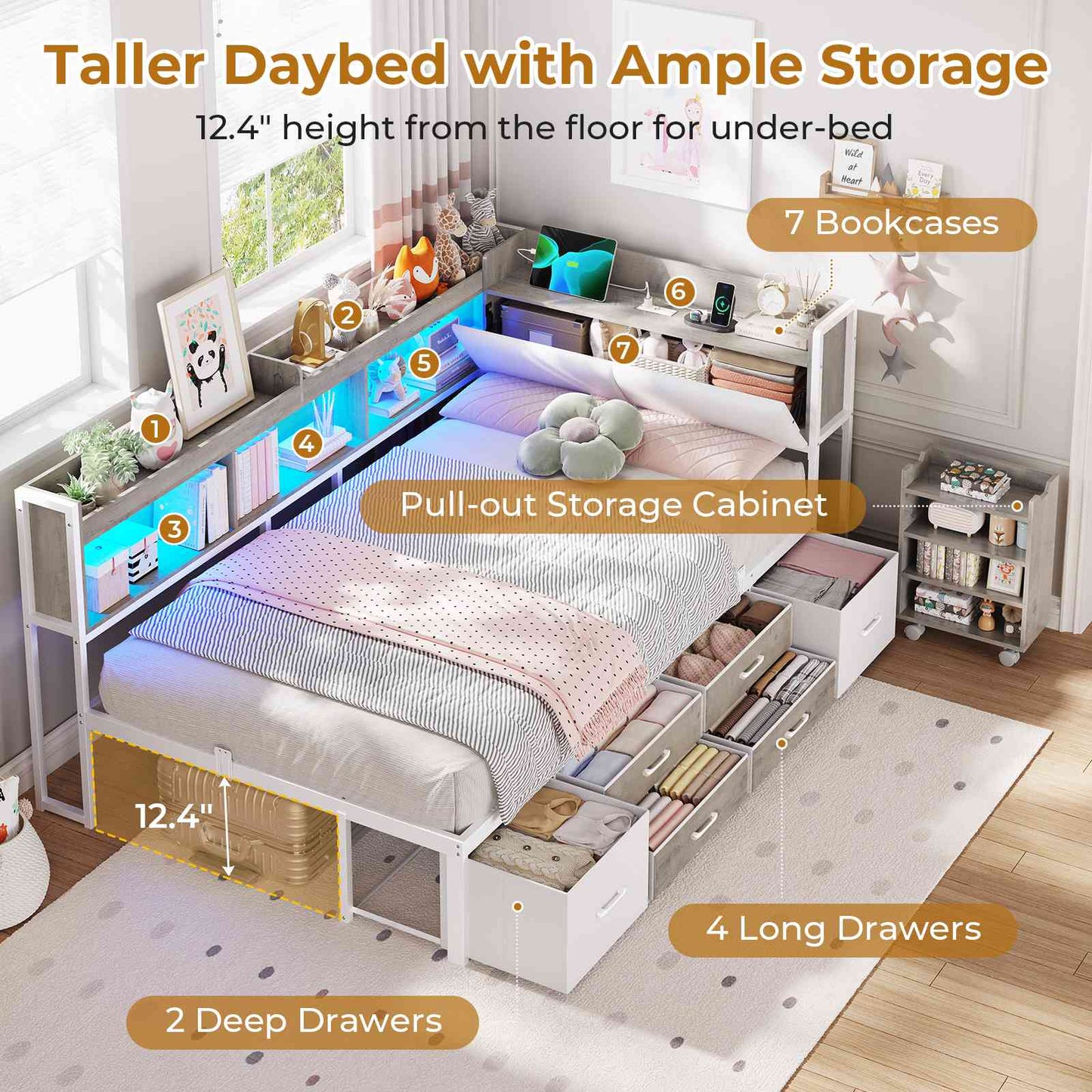 AOGLLATI Twin Corner Bed Frame with Bookcase and Hidden Storage Daybed with Charging Station and Led Lights for Kids Teens