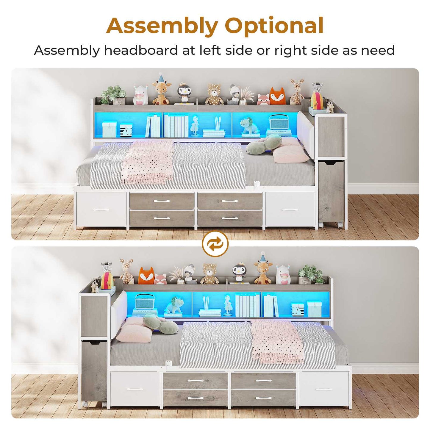 AOGLLATI Twin Corner Bed Frame with Bookcase and Hidden Storage Daybed with Charging Station and Led Lights for Kids Teens