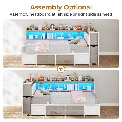 AOGLLATI Twin Corner Bed Frame with Bookcase and Hidden Storage Daybed with Charging Station and Led Lights for Kids Teens