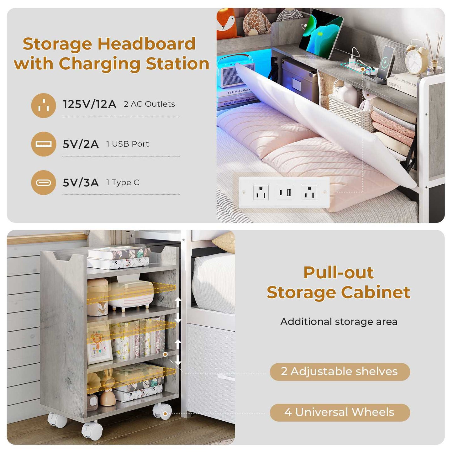 AOGLLATI Twin Corner Bed Frame with Bookcase and Hidden Storage Daybed with Charging Station and Led Lights for Kids Teens