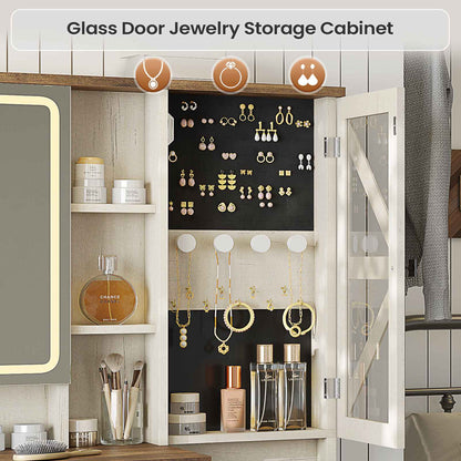 AOGLLATI Farmhouse Vanity Desk with Mirror and Lights Makeup Vanity Set with 5 Drawers and Charging Station for Bedroom