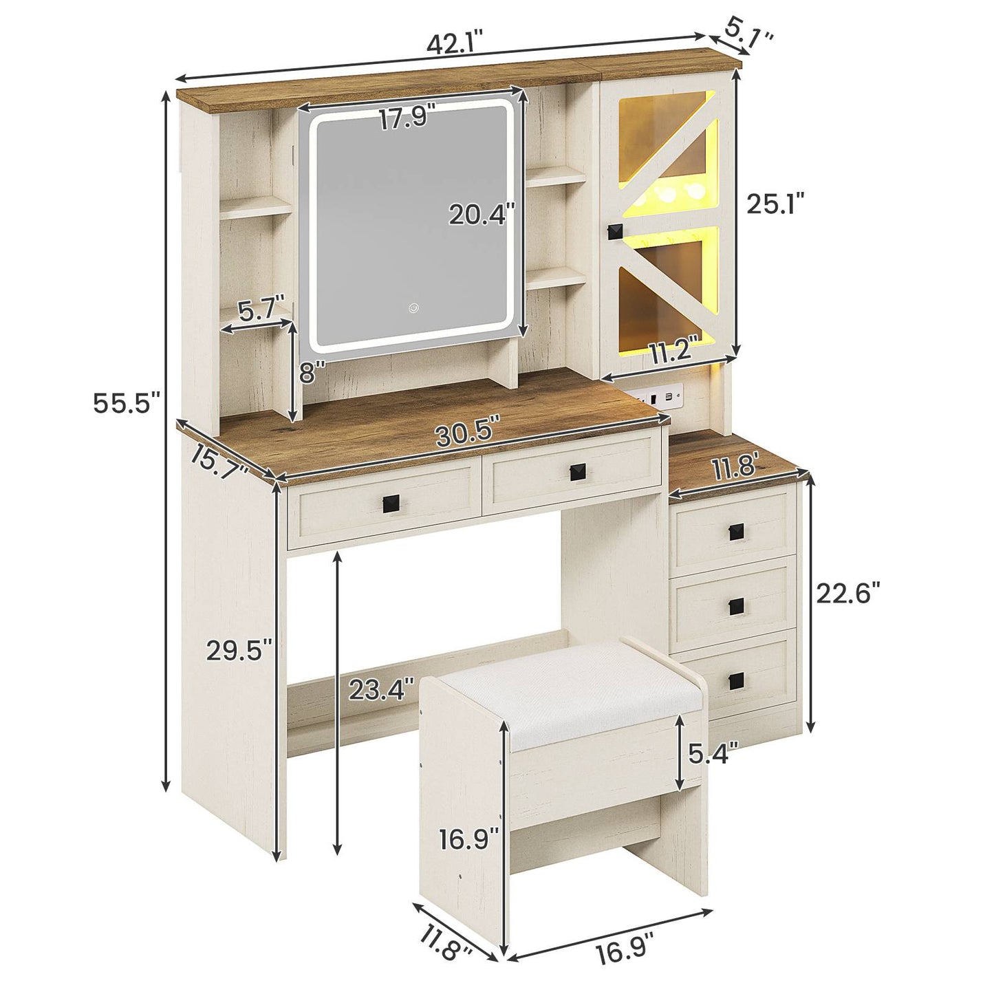 AOGLLATI Farmhouse Vanity Desk with Mirror and Lights Makeup Vanity Set with 5 Drawers and Charging Station for Bedroom