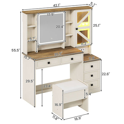 AOGLLATI Farmhouse Vanity Desk with Mirror and Lights Makeup Vanity Set with 5 Drawers and Charging Station for Bedroom