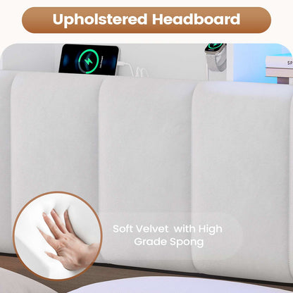 AOGLLATI King Bed Frame with 4 Storage Drawers and Charging Station Bed Frames with Stylish Bookcase Headboard and LED Lights