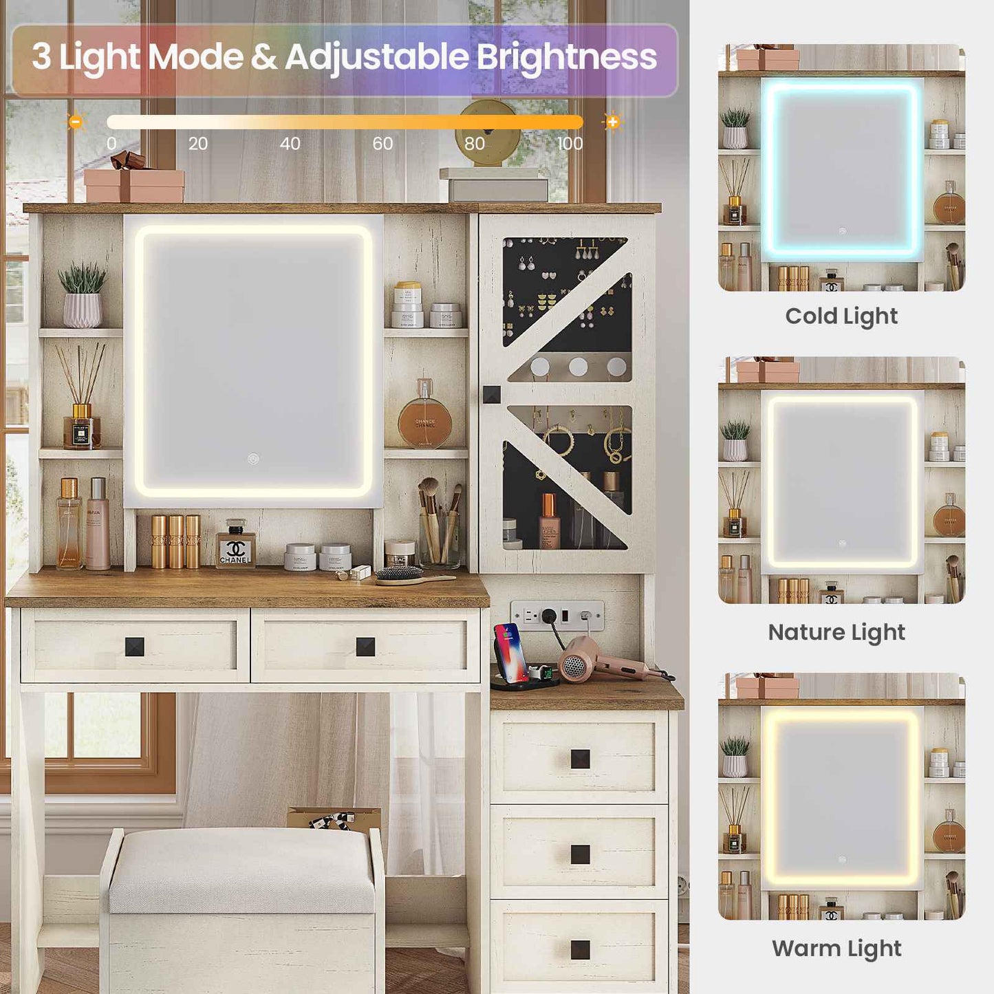 AOGLLATI Farmhouse Vanity Desk with Mirror and Lights Makeup Vanity Set with 5 Drawers and Charging Station for Bedroom