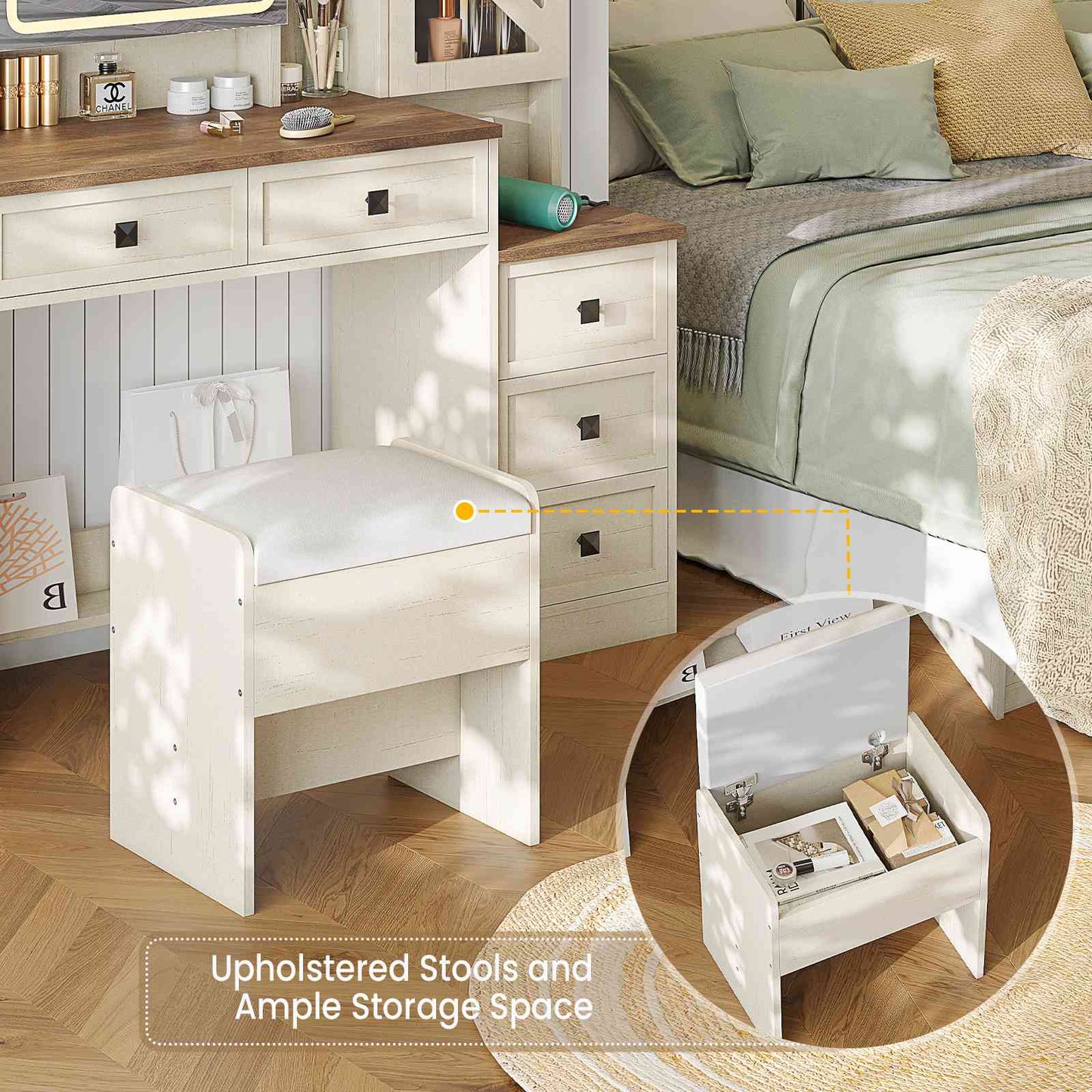 AOGLLATI Farmhouse Vanity Desk with Mirror and Lights Makeup Vanity Set with 5 Drawers and Charging Station for Bedroom