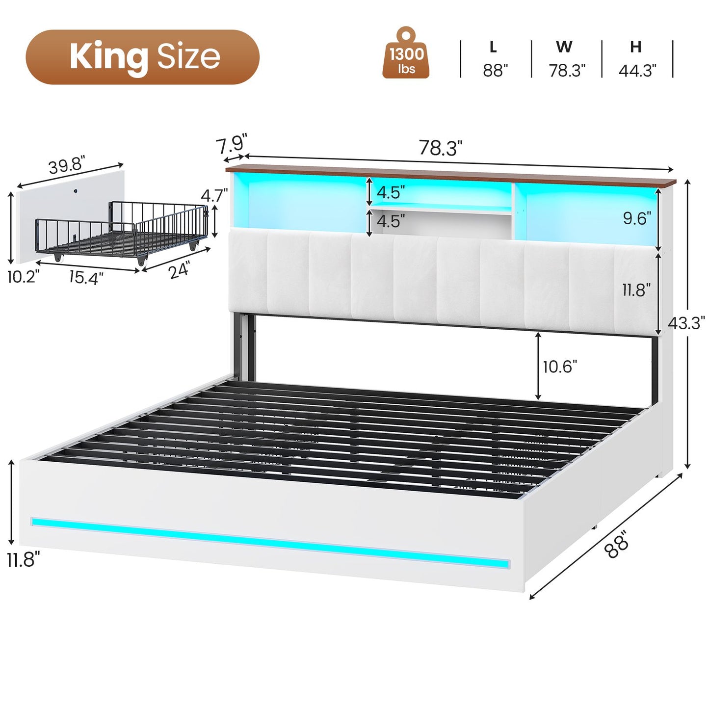 AOGLLATI King Bed Frame with 4 Storage Drawers and Charging Station Bed Frames with Stylish Bookcase Headboard and LED Lights
