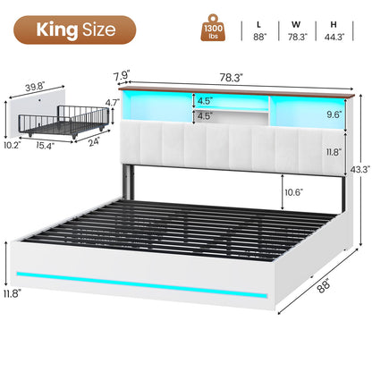AOGLLATI King Bed Frame with 4 Storage Drawers and Charging Station Bed Frames with Stylish Bookcase Headboard and LED Lights